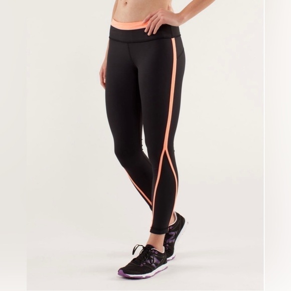 LULULEMON Run: Pace Tight Black / Pop Orange / Bleached Coral Back Zip Pocket 4 - Picture 1 of 15